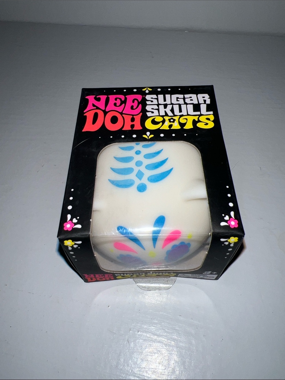 NEE DOH Sugar Skull Cats Squishy Collectible - White with Blue & Pink Accents